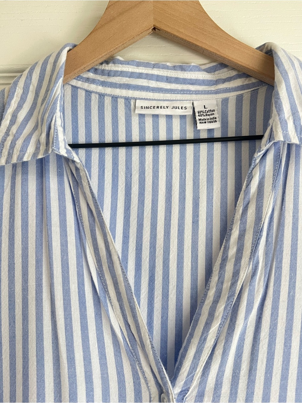 Sincerely Jules Light Blue White Striped Shirt Dress L Coastal Ruffle Preppy - Picture 4 of 8